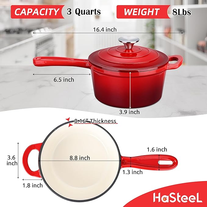 HaSteeL 3 QT Cast Iron Saucepan, Enamel dutch oven with lid, Small Non Stick Pan for Milk, Pasta Tomato Sauce, Butter, Breakfast, Soup, Suitable for Boiling Stewing Frying, Easy to Clean, Red