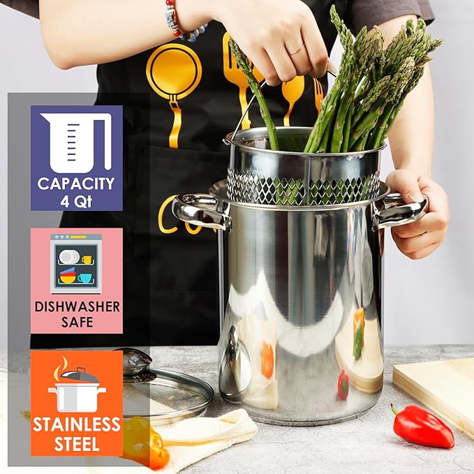 Asparagus Pot Deep Fryer Pot, Stainless Steel Steam Cooker with Basket and Lid Vegetable Asparagus Cooker for Pasta, Spaghetti, Japanese Tempura Small Deep Frying Pot with Oil Drip Drainer Rack, 4 Qt