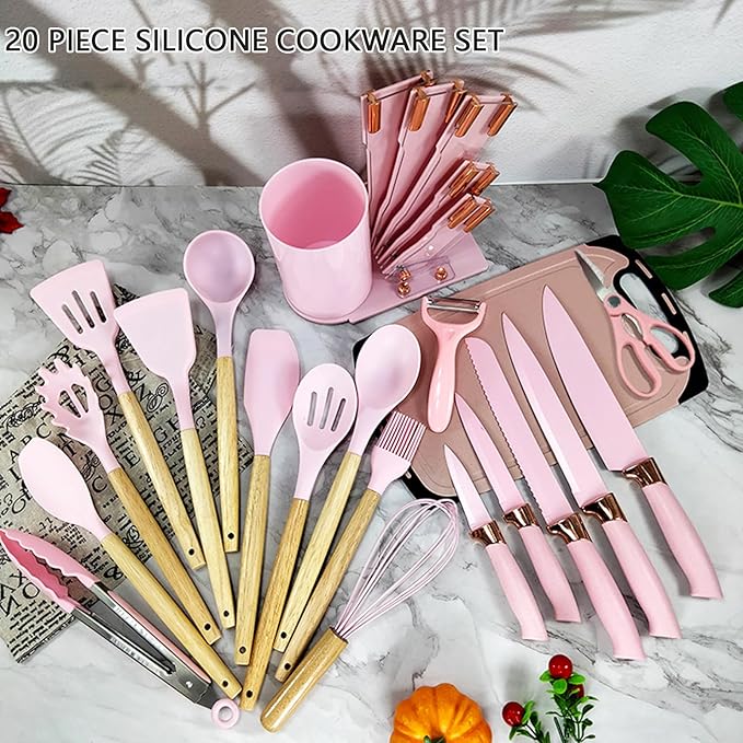 Kitchen Utensil Set,20 Pieces Kitchen Stainless Steel Knives Set Silicone Cooking Utensil with Wooden Handles,Home Kitchenware Accessories Cookware with Stand Block (Pink)