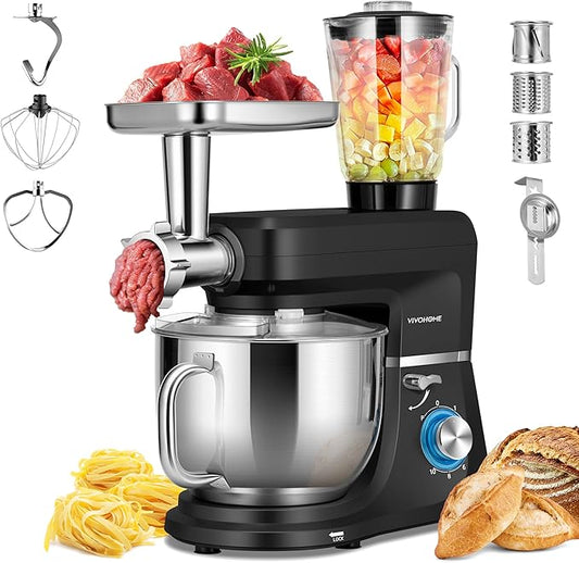 VIVOHOME 6-in-1 Stand Mixer, 8.5 Quart Electric Tilt-Head Kitchen Mixer with Bowl, Multifunctional Food Mixer for Cake, Bread, and Dough, with Meat Grinder, Blender, Pasta Maker Attachments, Black