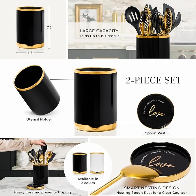 STYLED SETTINGS Black and Gold Cooking Utensils Set - 13-Piece Kitchen Set with Black Ceramic Utensil Holder and Stackable Gold Spoon Rest - Luxury Kitchen Accessories for Stylish Cooking and Serving