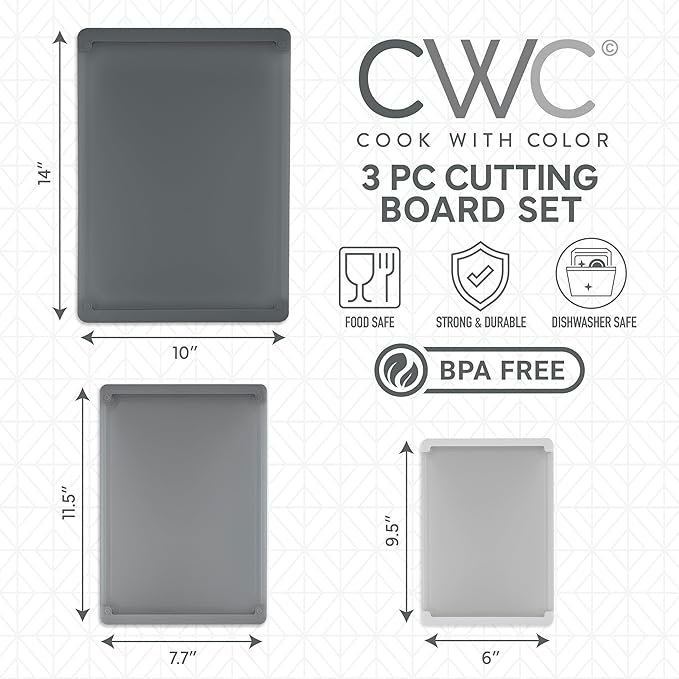 COOK WITH COLOR Extra Large Cutting Board Set, Jumbo-Sized Boards with Rubber Border for Enhanced Cooking Experience, 3-Piece, Grey
