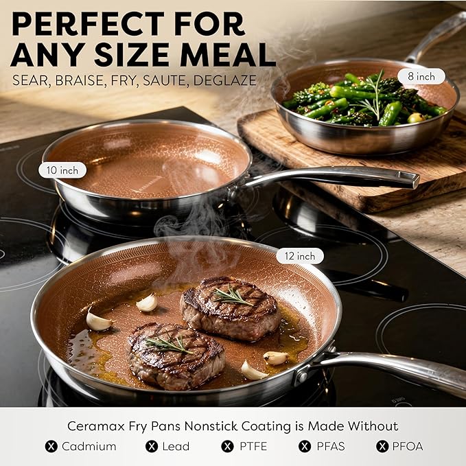Gotham Steel Hybrid 3pc Stainless Steel Non Stick Frying Pans Set, 8,10,12 inch Ceramic Frying Pan Skillet Set, Induction Ready, Made without PFAS & PFOA, Oven and Dishwasher Safe - Copper