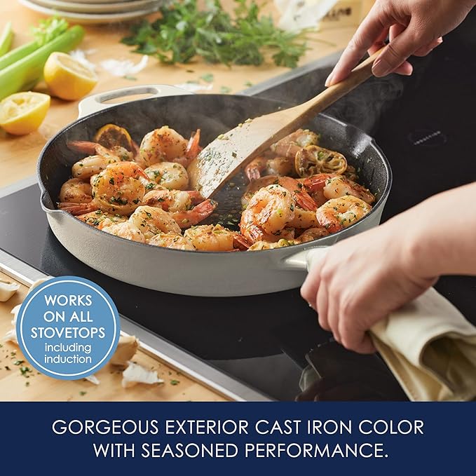 Rachael Ray NITRO Cast Iron Frying Pan/Skillet with Helper Handle and Pour Spouts, 12 Inch, Almond