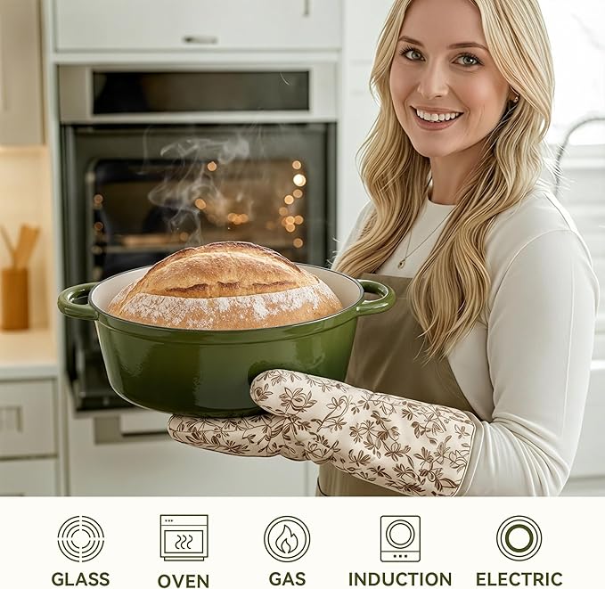 Oval Dutch Oven for Bread Baking, 4.5 Quart Non Stick Enameled Cast Iron Dutch Oven Pot with Lid, Oven Safe Oval Casserole with Lid up to 500°F for Baking, Braising, Stews, Roasting, Golden Green