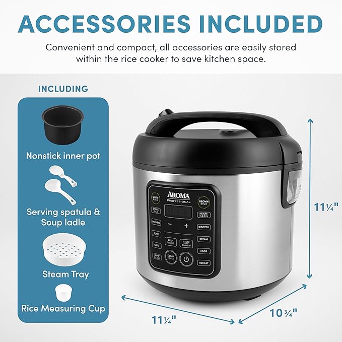 AROMA Professional Digital Rice Cooker, 10-Cup (Uncooked) / 20-Cup (Cooked), Multicooker, Slow Cooker, Steamer, Oatmeal Cooker, Egg Cooker, STS, 5 Qt, Black, ARC-5200SB