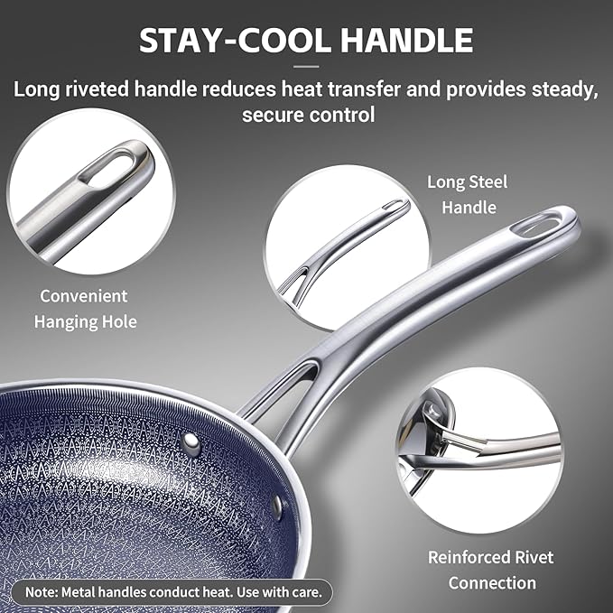 Ammeloo Hybrid Tri-Ply Stainless Steel Frying Pan Set, 8"/9.5"/11" Cooking Pans, Non Stick Frying Pans and Skillets, Chef Pan, Blue Interior, Non Toxic, Dishwasher Safe, Induction Compatible