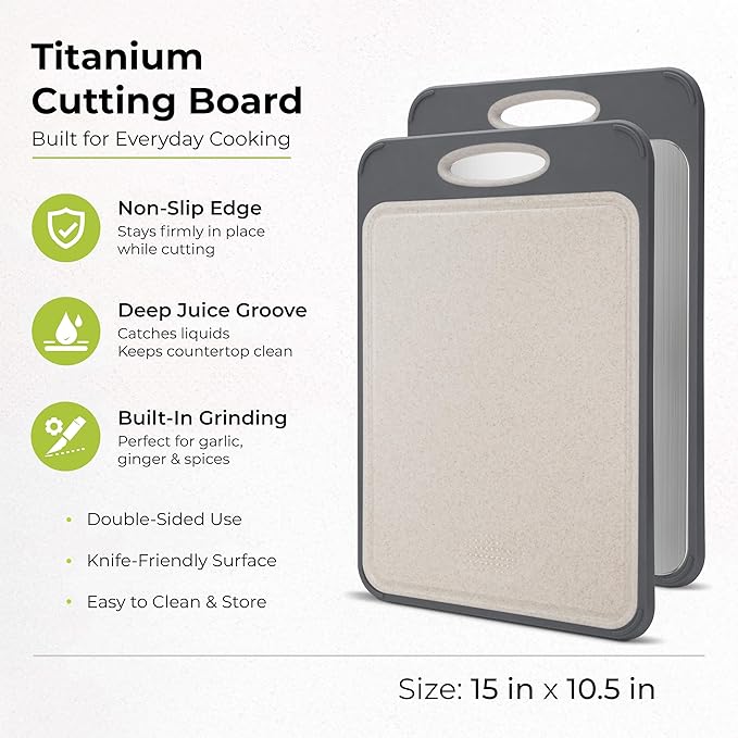 Freshware Titanium Cutting Board for Kitchen, Double Sided and Non Slip Cutting Boards, Pure Titanium/PP, Chopping Board with Juice Grooves, Dishwasher Safe, Large 15.75" by 10.6"