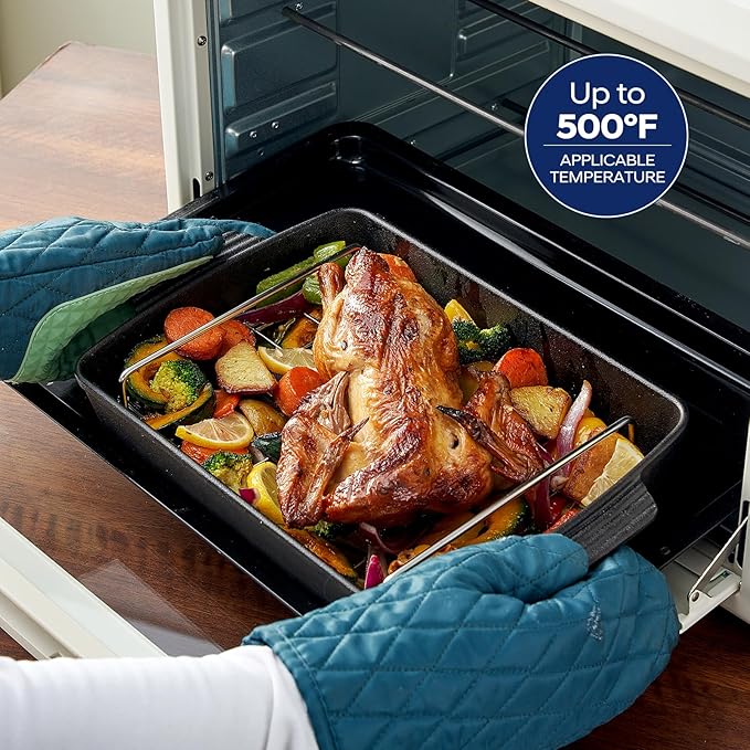 Cast Iron Roasting Pan with Rack, 9 x 12.6 Inch Heavy Duty Turkey Roaster, Induction Compatible Meat Broiler Pan for Stovetop and Oven