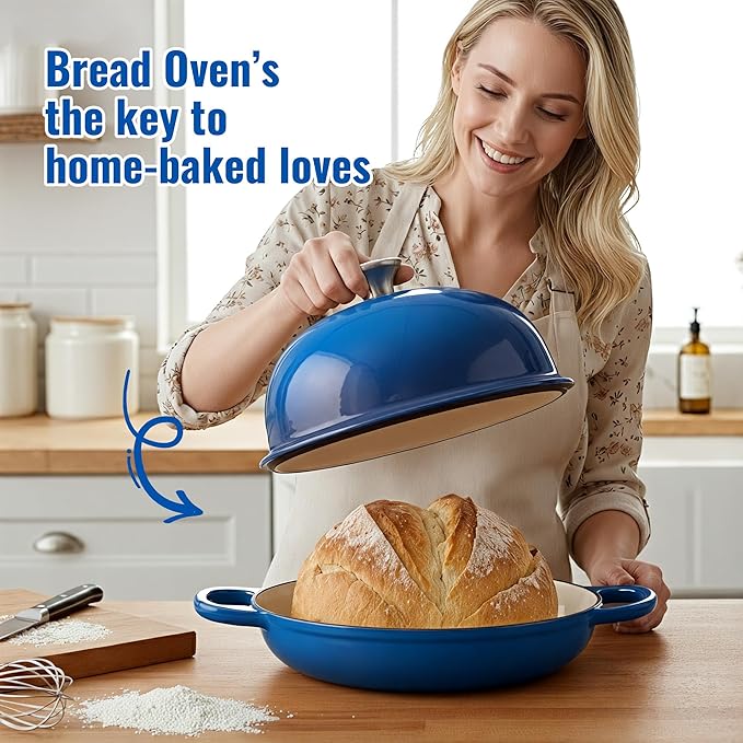 4.5 QT Dutch Oven for Bread Baking, Cast Iron Bread Oven for Sourdough, Enamelled Bread Dutch Oven with Lid, Heavy-Duty Non Stick Bread Pot, Blue