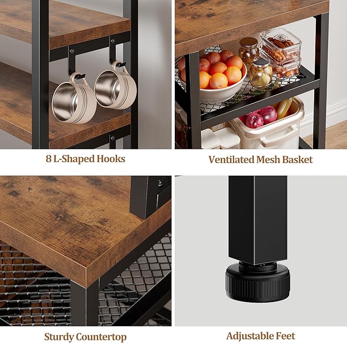 EnHomee Bakers Rack, 6 Tier Microwave Stand, Coffee Bar Organizer with 8 L-Shaped Hooks, Kitchen Shelves with Large Capacity Storage, 14.1 x 30.1 x 63.1 Inches, Rustic Brown