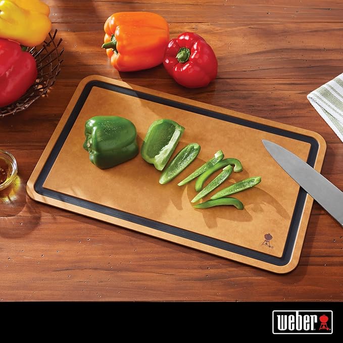 Weber Cutting Board, Brown – Dishwasher‑Safe Cutting Board with Juice Grooves for Grill Prep & Serving