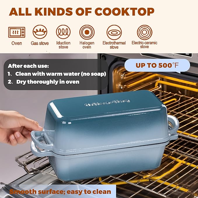 11x5 Inch Cast Iron Loaf Pan With Lid, 5.8 Qt Large Loaf Pans for Sourdough Bread Baking, Heavy Duty Dutch Oven Bread Pan For a Crispy Crust, Seasalt