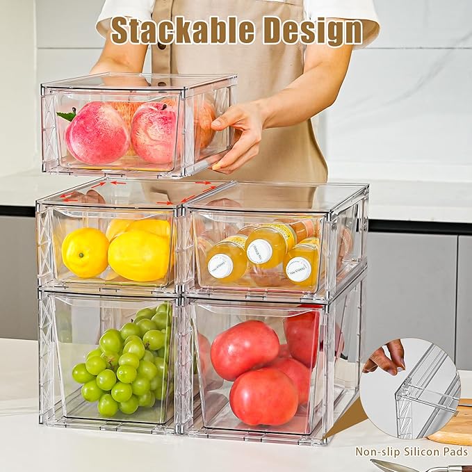 Clemate 4Pack Stackable Kitchen Storage Organizer, Pantry Organizers and Storage, Clear Foods Organizer Bins with Handles, Easily Assemble for Bathroom, Kitchen, Pantry, Cabinet, Closet