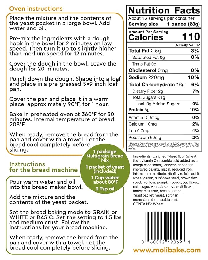 Molibake Multigrain Bread Mix – Pack of 2 – Premium All-Natural Baking Mix for Bread Machine and Oven – 15 oz – Gourmet Blend with Sunflower Seeds, Brown Flax, Pumpkin Seeds, Oat Flakes, Rye, Barley Malt, Wheat Bran – Easy-to-Use Bread Maker Mix for Ho...