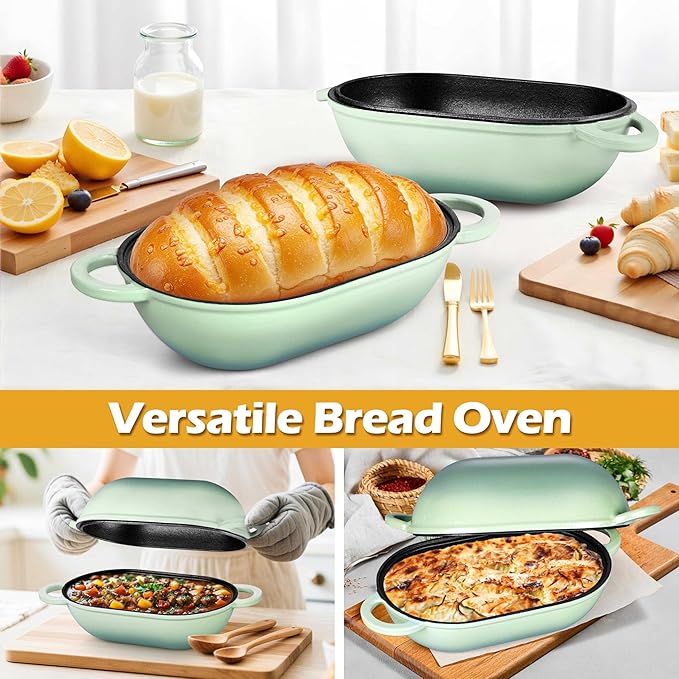 Homikit Enameled Cast Iron Dutch Oven for Bread Baking, 2.8 QT Oval Bread Oven Pot with Lid, 9.5 x 5.7 Inch Sourdough Loaf Baking Pan for Homemade Bread, Heavy Duty & Oven Safe, Pistachio Green