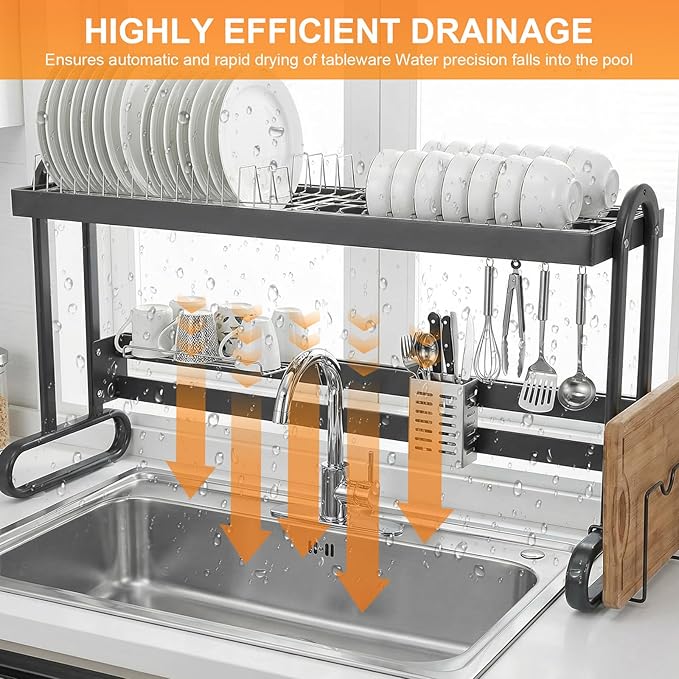 Stainless Steel Dish Drainer with Utensil Holder Kitchen Counter Dishrack Anti-Slip Household Dish Strainers for Draining & Storing Dishes