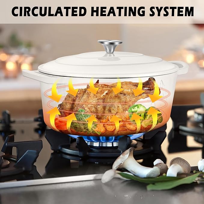 TeamFar Oval Dutch Oven, 5qt Enameled Cast Iron Dutch Oven Pot with Lid, For Bread Baking/Stewing/Braising/Frying, Suitable for Various Stoves, Non-stick & Easy Clean, White