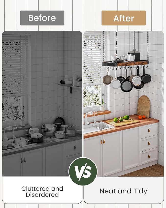 31.7-Inch Hanging Pot Rack, Space-Saving Pot Hanger for Kitchen, Ceiling Pan Hanging Rack with 16 Detachable S Hooks, Sturdy Metal Frame, Industrial Style, Rustic Brown and Black TPR09BF