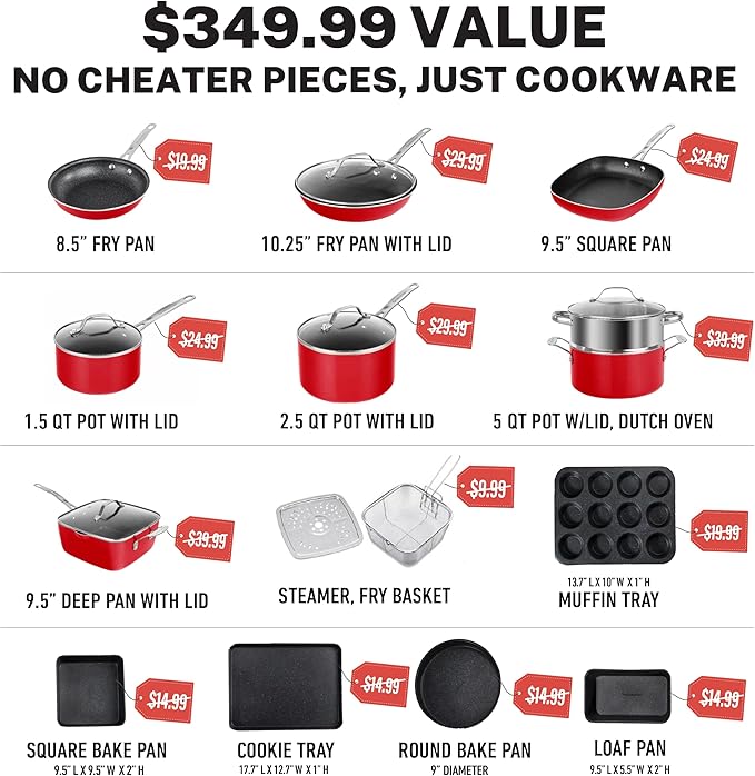Granitestone 20-Piece Nonstick Pots and Pans Set with Bakeware & Steamer, Complete Kitchen Ceramic Cookware Set, Deep Frying Pan, Non-Toxic PFOA PFOS Free, Dishwasher & Oven Safe, Red Speckle