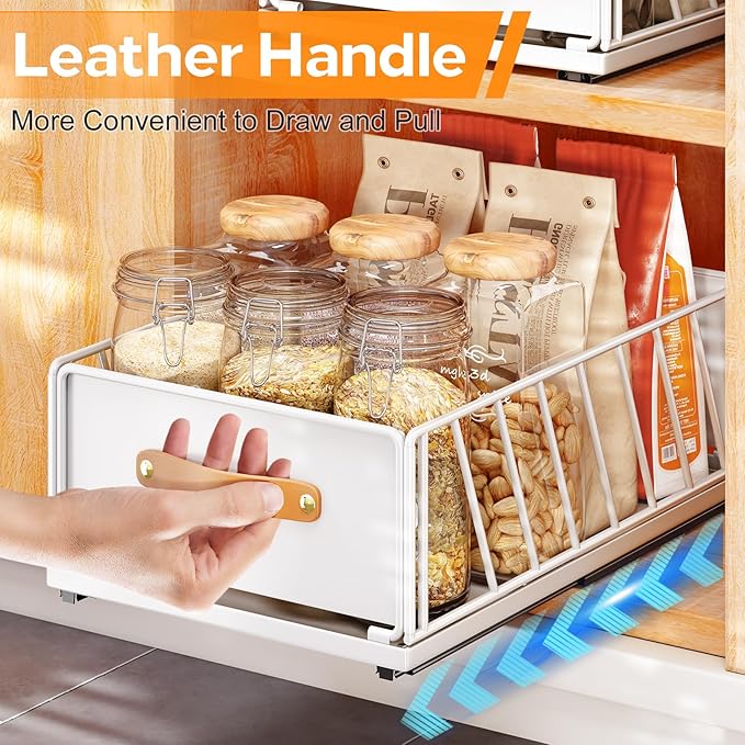Pull out Cabinet Organizer Fixed with Adhesive Nano Film,Heavy Duty Slide out Pantry Shelves Drawer Storage,Sliding Mesh Cabinet Basket with Handle for Kitchen, Bathroom,Home, 9.8"W X 15.7"D X 6.2"H