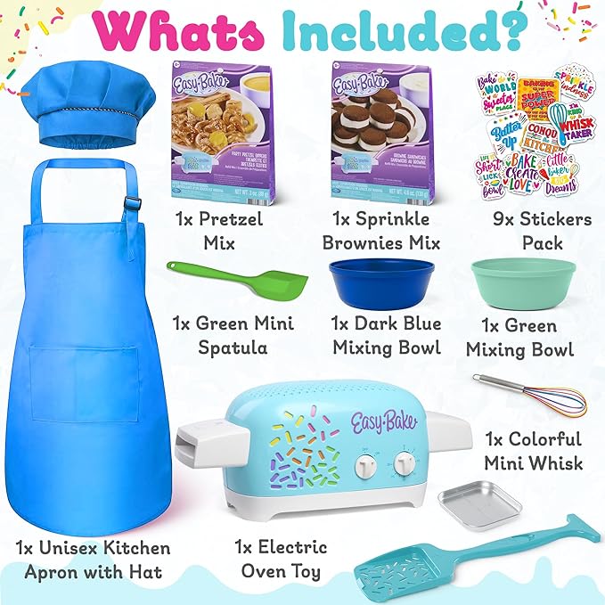 Ultimate Easy Baking Oven Bundle For Kids With 20 Items - Oven, 2 Refill Mixes, Apron, Hat, 2 Bowls, Spatula, Whisk, 9 Stickers, Baking Pan & Tool (Brave Blue Bundle)