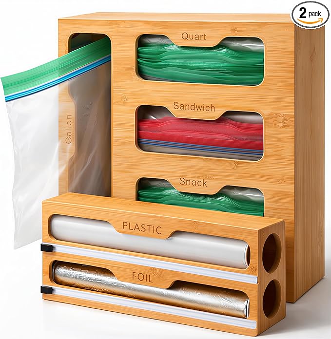 Bamboo Food Storage Bag Organizer for Drawer with Foil & Plastic Wrap Dispenser – 4 in 1 Premium Kitchen Drawer Organizer for Gallon, Quart & Sandwich Bags