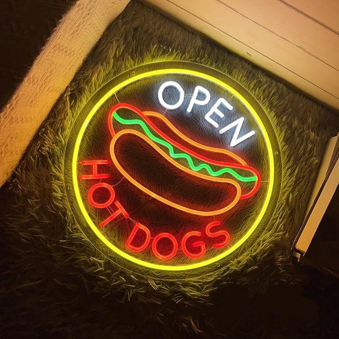 Open Hot Dogs Neon Signs Dimmable LED Neon Lights for Restaurant Business Signs for Fast Food Shops Accessories Light Up Sign for Snack Bar Wall Decor