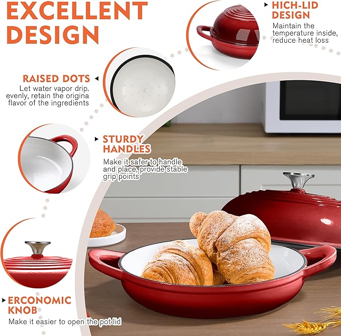 Enameled Round Cast Iron Bread Oven, 6 Qt Cast Iron Dutch Oven for Homemade Sourdough Bread Baking, Bread Pot with Dome Lid (Red)