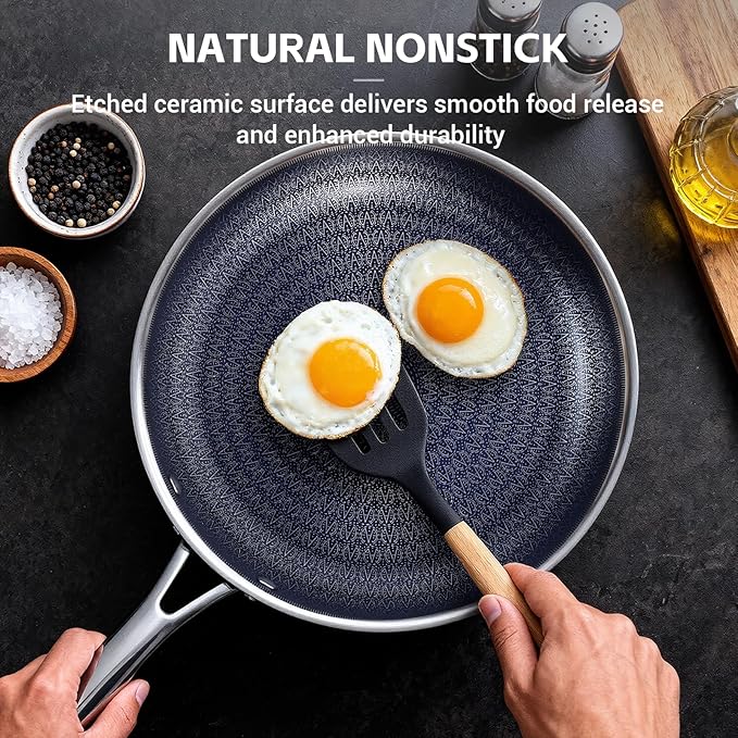 Ammeloo Hybrid Tri-Ply Stainless Steel Frying Pan Set, 8"/9.5"/11" Cooking Pans, Non Stick Frying Pans and Skillets, Chef Pan, Blue Interior, Non Toxic, Dishwasher Safe, Induction Compatible