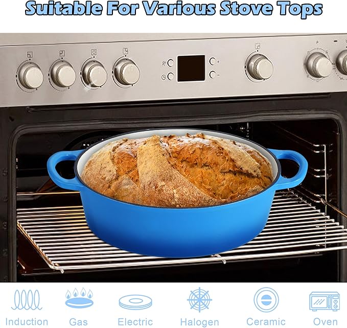 TeamFar 7QT Oval Dutch Oven, Enameled Cast Iron Dutch Oven Pot with Lid, For Bread Baking/Stewing/Braising/Frying, Suitable for Various Stoves, Non-stick & Easy Clean, Blue