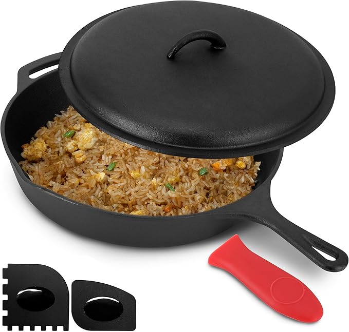 Megachef 12 Inch Pre-Seasoned Cast Iron Skillet with Cast Iron Lid