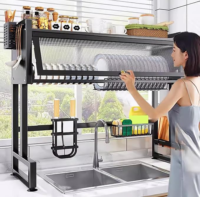 Over The Sink Dish Drying Rack with Cover, 2 Tier Large Capacity Organizer Stand for Kitchen Counter, Storage for Plates Bowls Pots, Black
