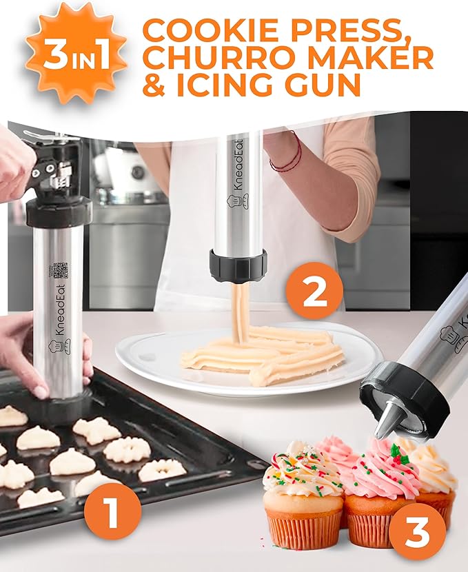 KneadEat Premium 68pc Churro Maker - Spritz Cookie Press Gun Kit - Icing Gun. 12 Cookie and Churro Discs. 48 Icing Tips. XL Filler. Piping Bag. Brushes. For Churros, Cookies and Cake Decorating.