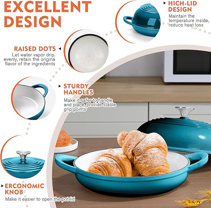Enameled Round Cast Iron Bread Oven, 6 Qt Cast Iron Dutch Oven for Homemade Sourdough Bread Baking, Bread Dome Pot with Cloche Lid (Blue Green)