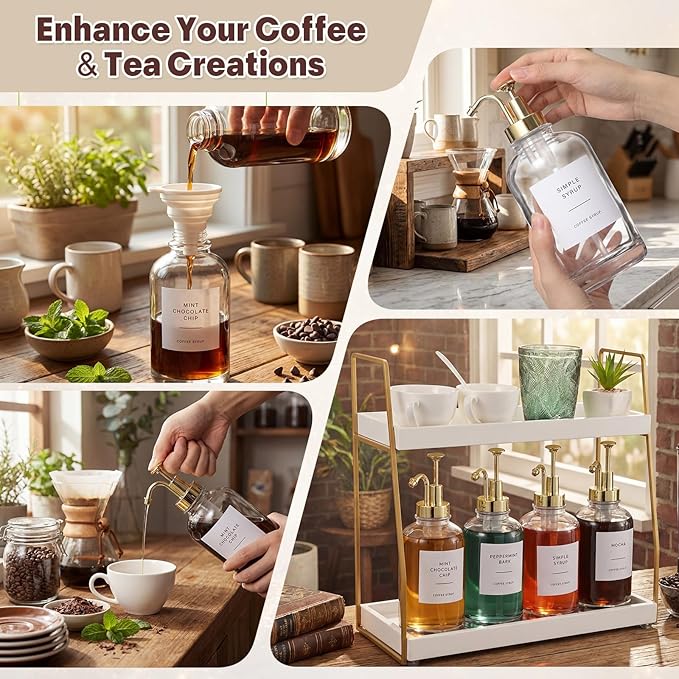 Leinuosen Coffee Bar Accessories, 2 Tier Wooden Cup Organizer Station and 4 Coffee Syrup Dispenser, 16.9 oz 500ml Glass Syrup Dispenser with 36 Labels and 1 Silicone Funnel