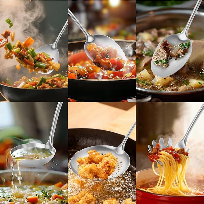 18/10 Stainless Steel Kitchen Utensils Set with Wood Handle Metal Cooking Utensils Set, 6-Piece - Spatula, Spoon, Ladle, Skimmer, Slotted Spoon, Pasta