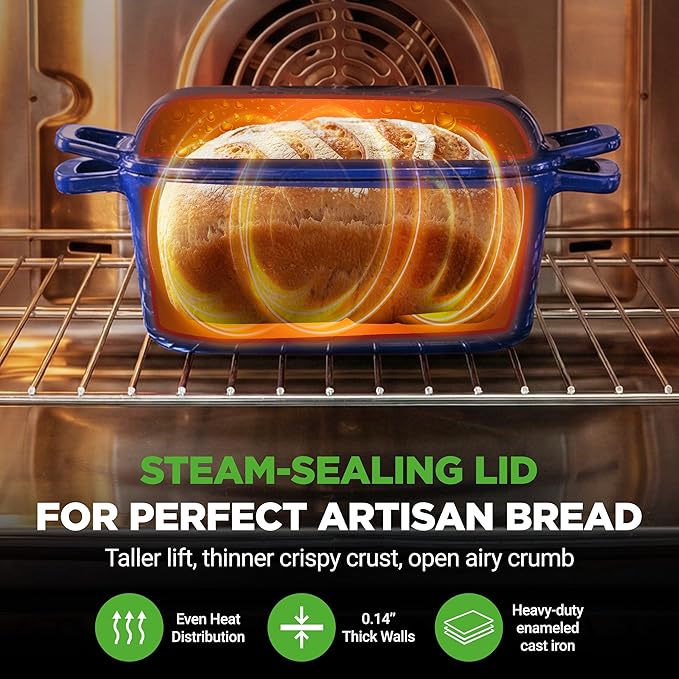 NutriChef 10" Enameled Cast Iron Bread Pan with Lid, Oval Loaf Dutch Oven with Silicone Gloves, Oven-Safe to 500°F, for Baking, Roasting, Stewing & More, Dishwasher Safe (Blue)