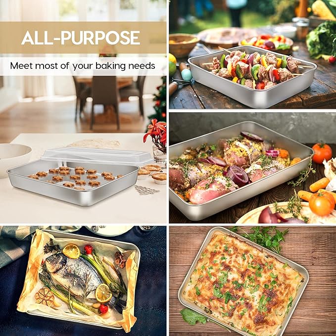 E-far Baking Pan with Lid(12.4/10.4/9.4 inch), Stainless Steel Rectangular Sheet Cake Pans with Cover, Metal Bakeware Sets for Lasagna Casseroles Brownie, Non-toxic & Dishwasher Safe - 3 Pans + 3 Lids