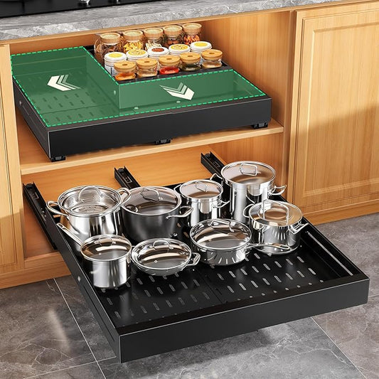 Pull out Cabinet Organizer, Expandable Width(14"-24"), Depth(13"-24") with 3 Rails, Slide Out Drawers With Raising Pad for Framed Cabinets, Fixed with Adhesive Film for Cabinets in Kitchen, Black