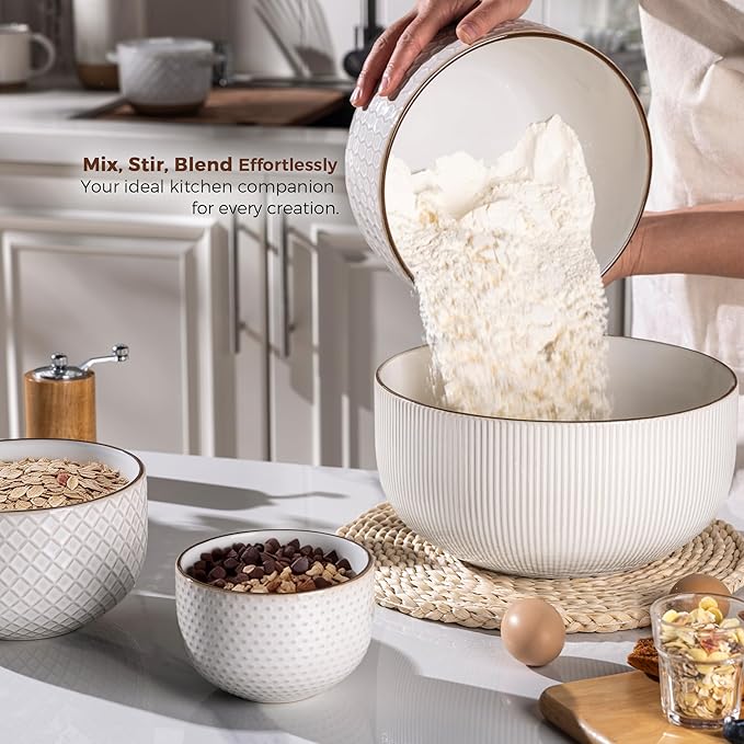 GBhome Ceramic Mixing Bowls Set, 20/45/105/150 oz, Stoneware Nesting Set of 4 embossed Kitchen Serving Bowls, Prep, Baking, Serving, Gift, Microwave and Dishwasher Safe, Dishware Collection-Off White
