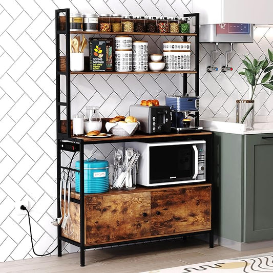 5-Tier Kitchen Bakers Rack with Power Outlet,Industrial Microwave Oven Stand, Utility Storage Shelf,Free Standing Kitchen Utility Cart Storage Shelf Organizer with Hooks
