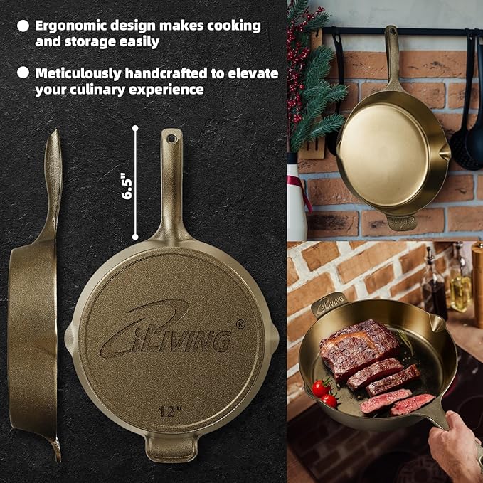 iLiving Seasoned Modern Heirloom Mirror Polished Cast Iron Skillet Pan 12" (2.7" Wall Height/3.7 L)