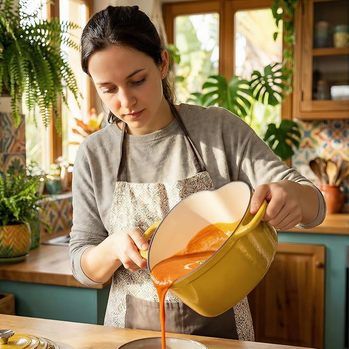Overmont Enameled Cast Iron Dutch Oven - Heart-Shaped Pot with Lid Cookbook & Cotton Pot Holders - Mini Cookware Oven Safe to 500°F for Bread Baking Soups Stews - Great Gift for Wedding Birthday Housewarming 2QT Yellow