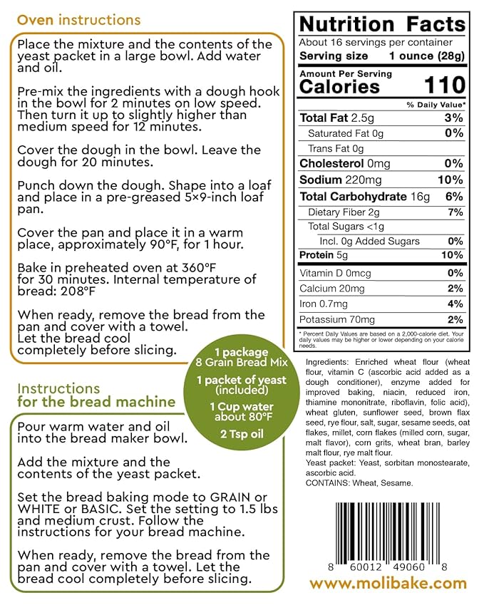 Molibake 8 Grain Bread Mix - All-Natural Multigrain Baking Mix for Bread Machine and Oven - 15 oz - Multigrain Grain Mix for with Flax, Millet & Rye - Easy-to-Use Breads Maker Mix for Homemade Baking