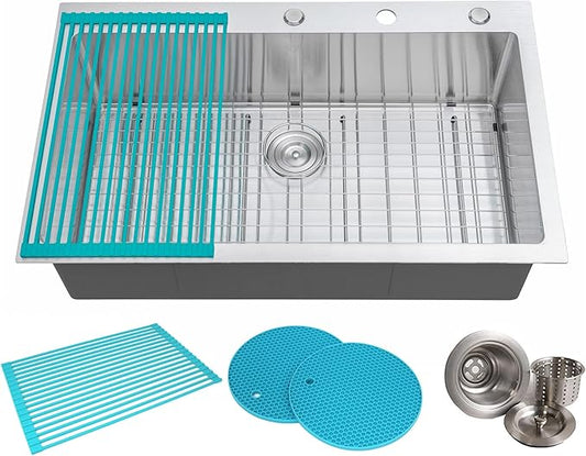CozyBlock 36 Inches 16-Gauge Stainless Steel Topmount Drop-in Single Bowl Kitchen Sink in Brushed Stainless Steel Finish with Bottom Grid Set, Silicon Dishrack, Pot Mat, and Strainer