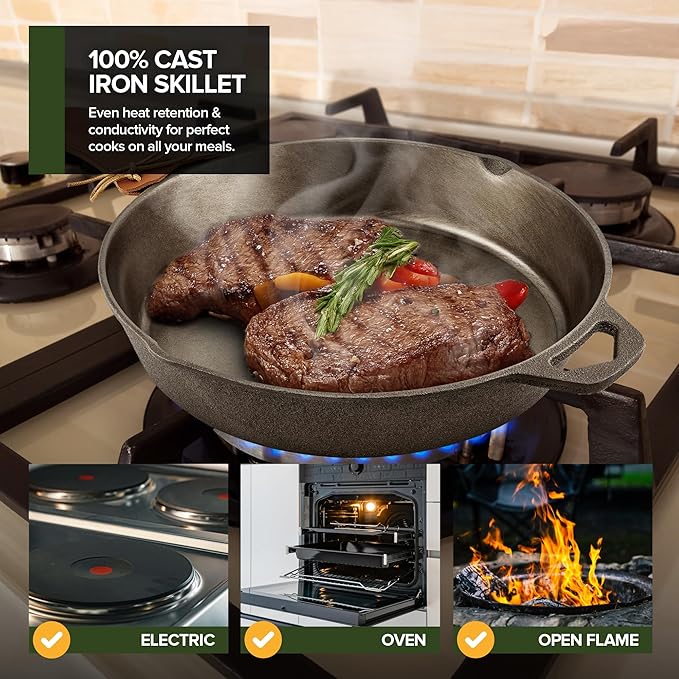Modern Innovations 10 Inch Cast Iron Skillet, Pre-Seasoned Smooth Polished Surface, Heavy-Duty, Naturally Non-Stick 100% Cast Iron Frying Pan- Saute, Sear & Grill on Campfires, Stoves & Ovens