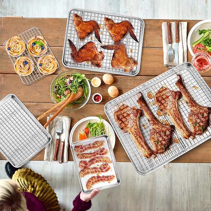 P&P CHEF 16 + 12.5 + 10.4 + 9 Inch Baking Sheet and Rack Set, 8Pcs Stainless Steel Cookie Sheets Oven Baking Pans Trays with Cooling Racks for Cooking, Oven & Dishwasher Safe, Pans with Grid Racks