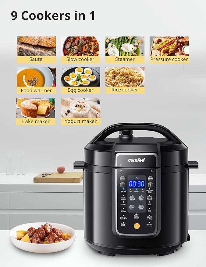 COMFEE' 9-in-1 Electric Pressure Cooker, 14 Presets Instant Multi Cooker Olla de Presion Non-Stick Pot Yogurt Maker Rice Cooker Slow Cooker Sauté Steamer 6 Quarts Black
