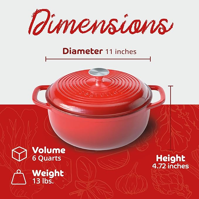 Segretto Enameled Cast Iron Dutch Oven Pot with Lid, Red, 6 Quart Sourdough Dutch Oven for Bread Baking, Braising, Roasting Safe to 500°F Durable Enamel with High Heat Retention and Moisture Lock Seal